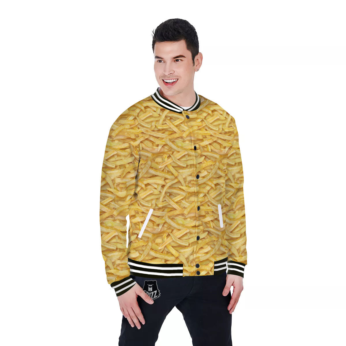 Texture French Fries Print Baseball Jacket-grizzshop