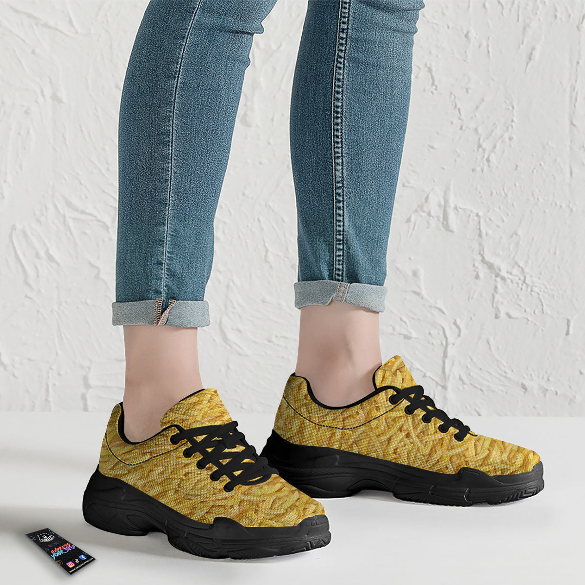 Texture French Fries Print Black Chunky Shoes-grizzshop