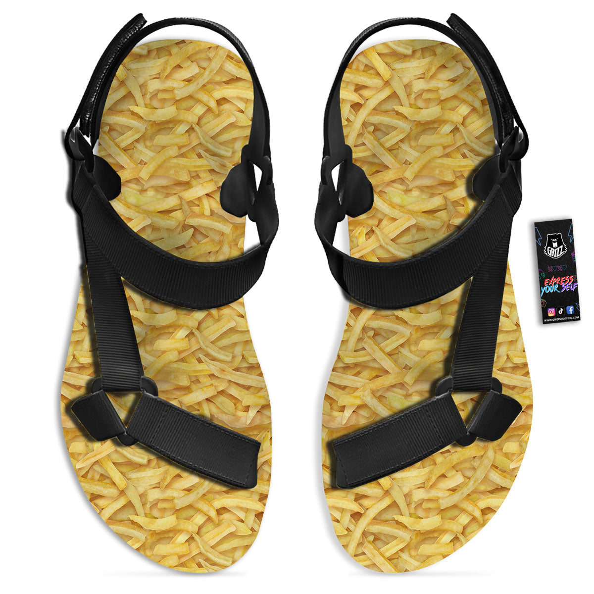 Texture French Fries Print Black Open Toe Sandals-grizzshop