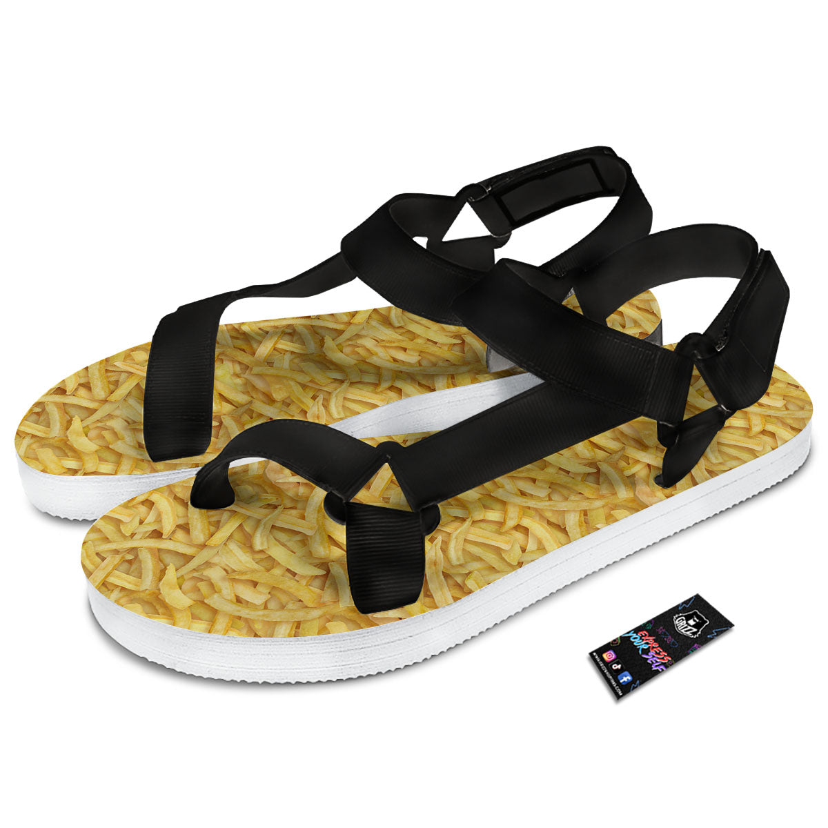 Texture French Fries Print Black Open Toe Sandals-grizzshop