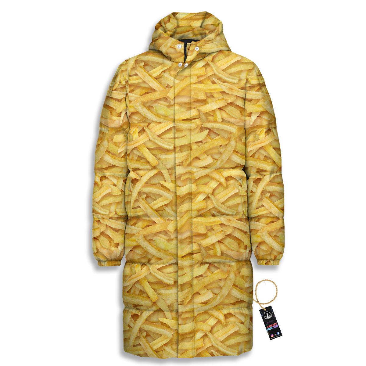Texture French Fries Print Long Down Jacket-grizzshop
