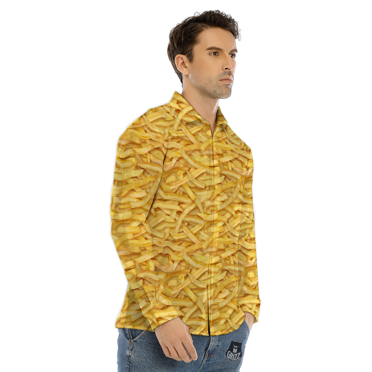 Texture French Fries Print Men's Dress Shirts-grizzshop