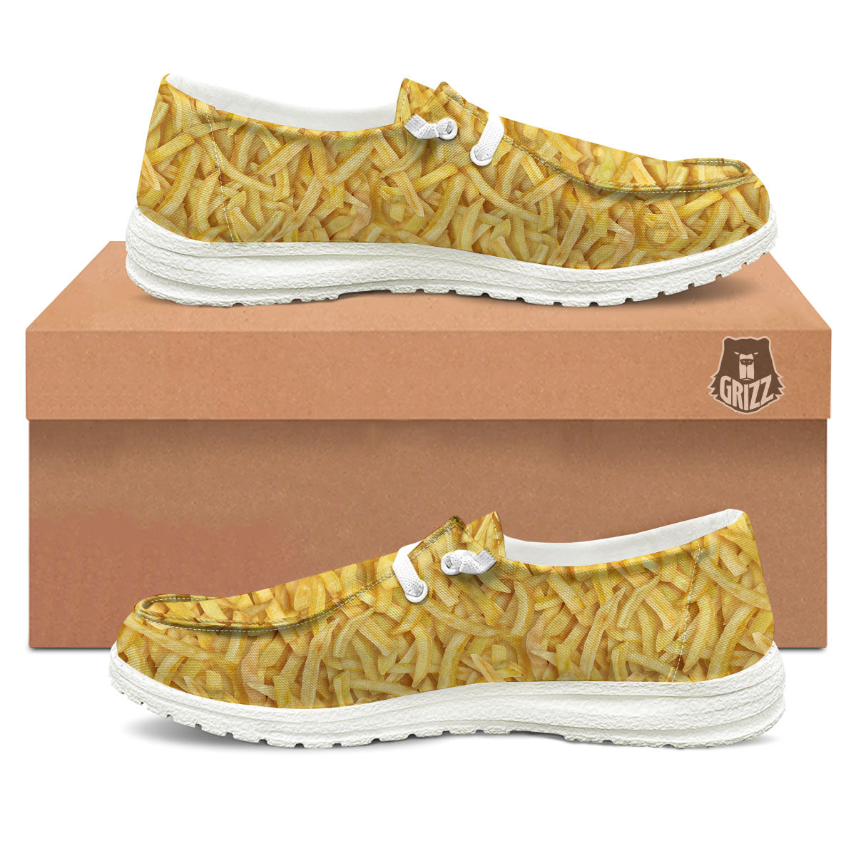Texture French Fries Print White Loafers-grizzshop