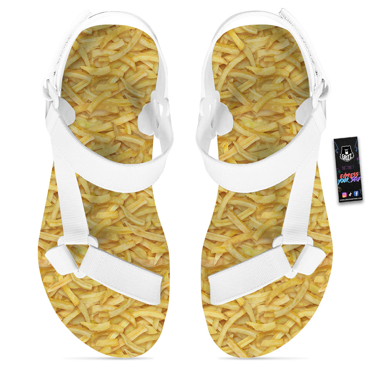 Texture French Fries Print White Open Toe Sandals-grizzshop