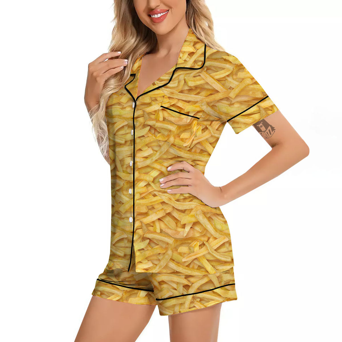 Texture French Fries Print Women Silk Pajamas-grizzshop
