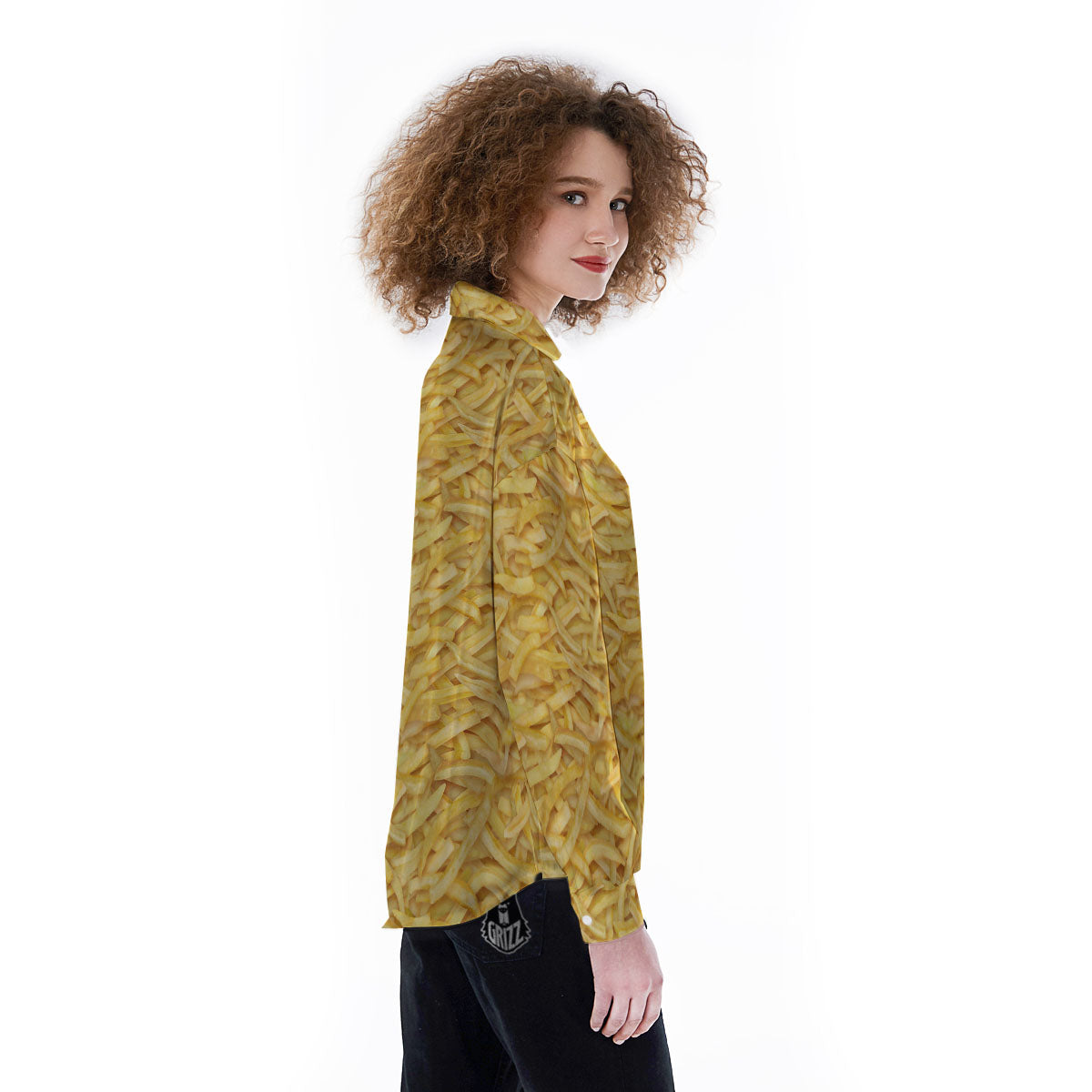 Texture French Fries Print Women's Long Sleeve Shirts-grizzshop