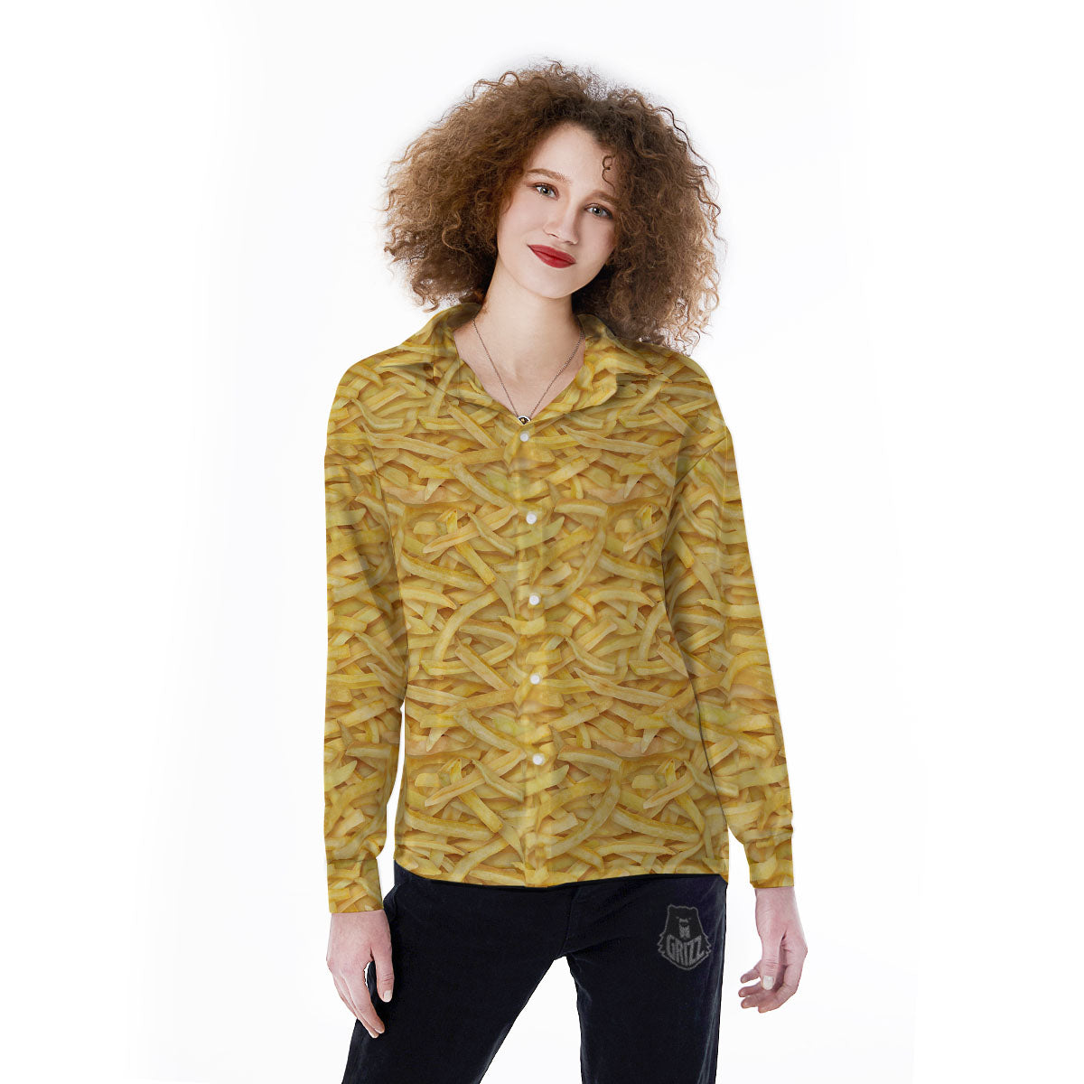 Texture French Fries Print Women's Long Sleeve Shirts-grizzshop