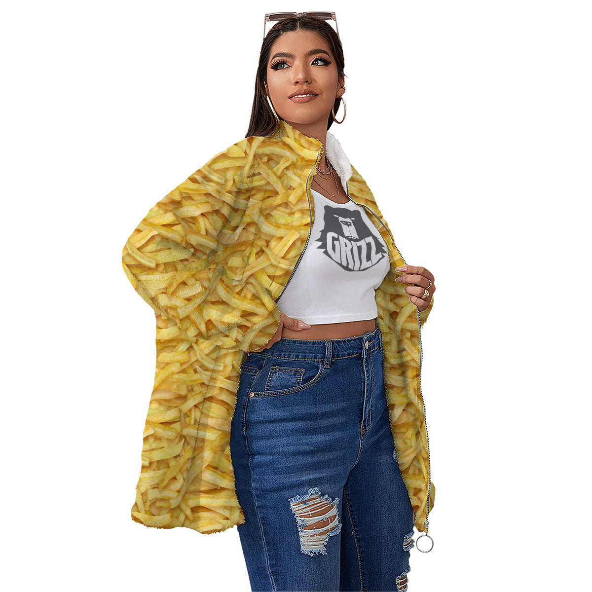 Texture French Fries Print Women's Sherpa Jacket-grizzshop