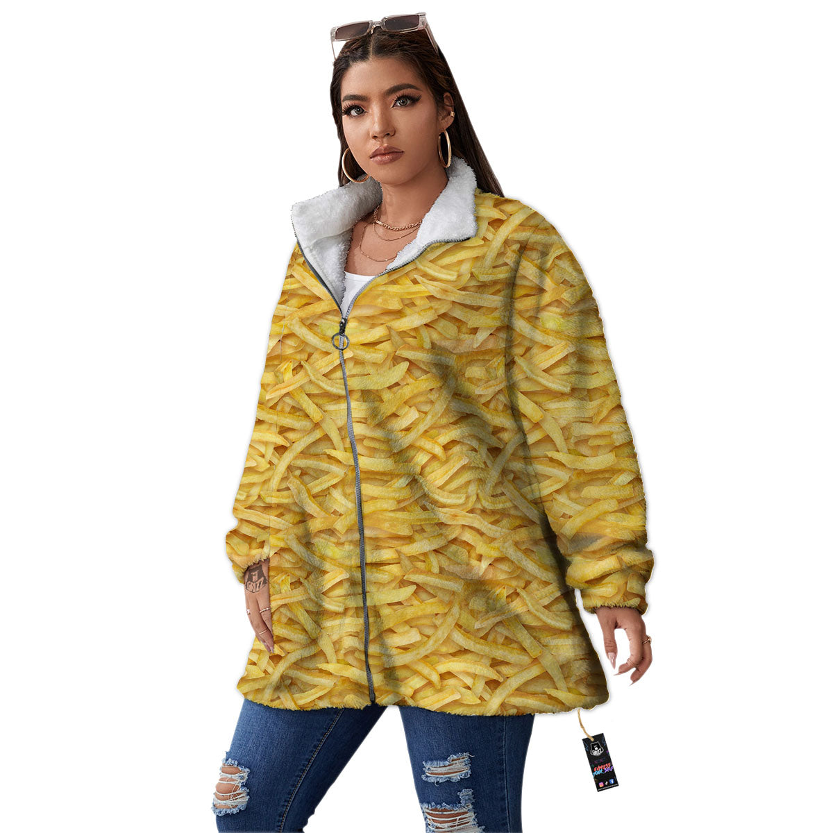Texture French Fries Print Women's Sherpa Jacket-grizzshop