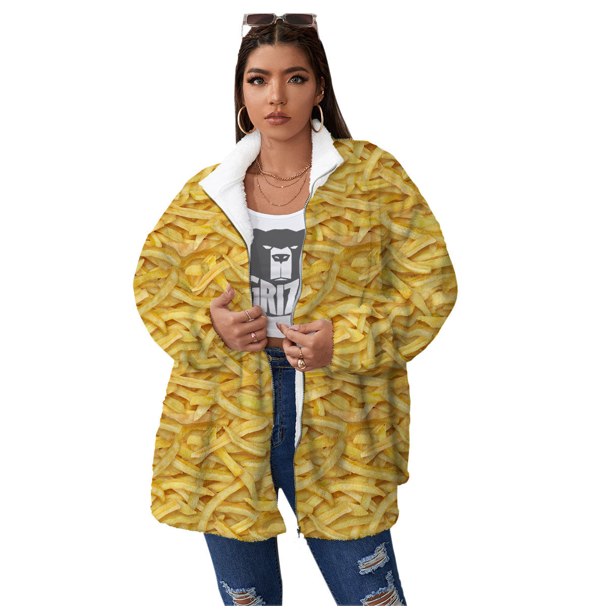 Texture French Fries Print Women's Sherpa Jacket-grizzshop