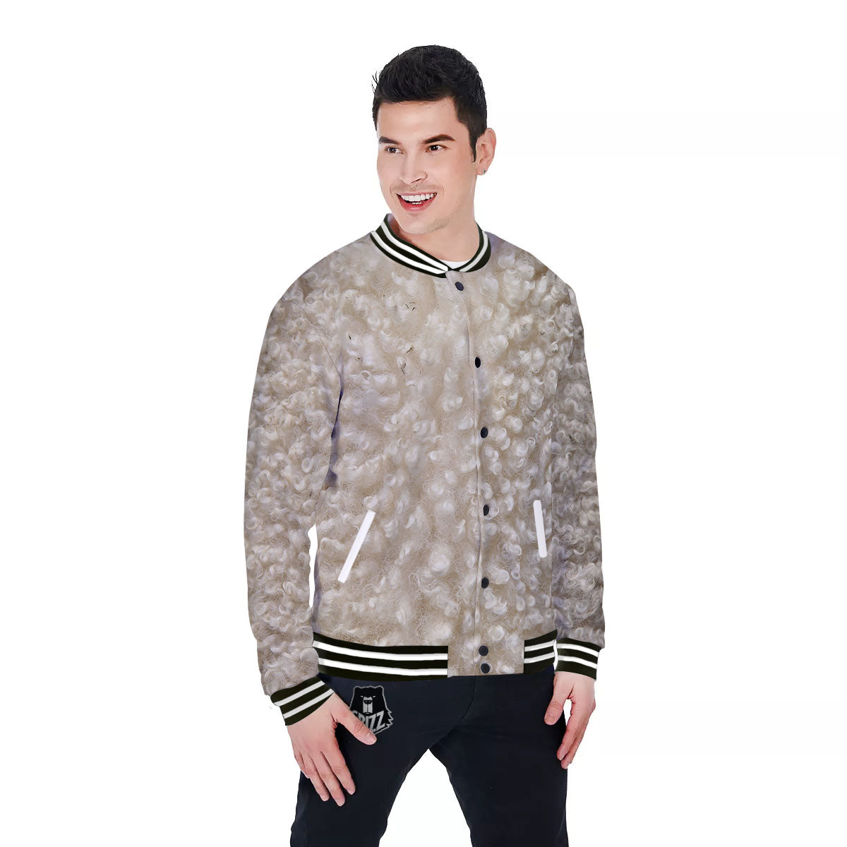 Texture Fur Sheep Print Baseball Jacket-grizzshop