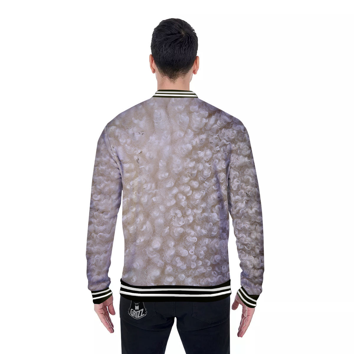Texture Fur Sheep Print Baseball Jacket-grizzshop