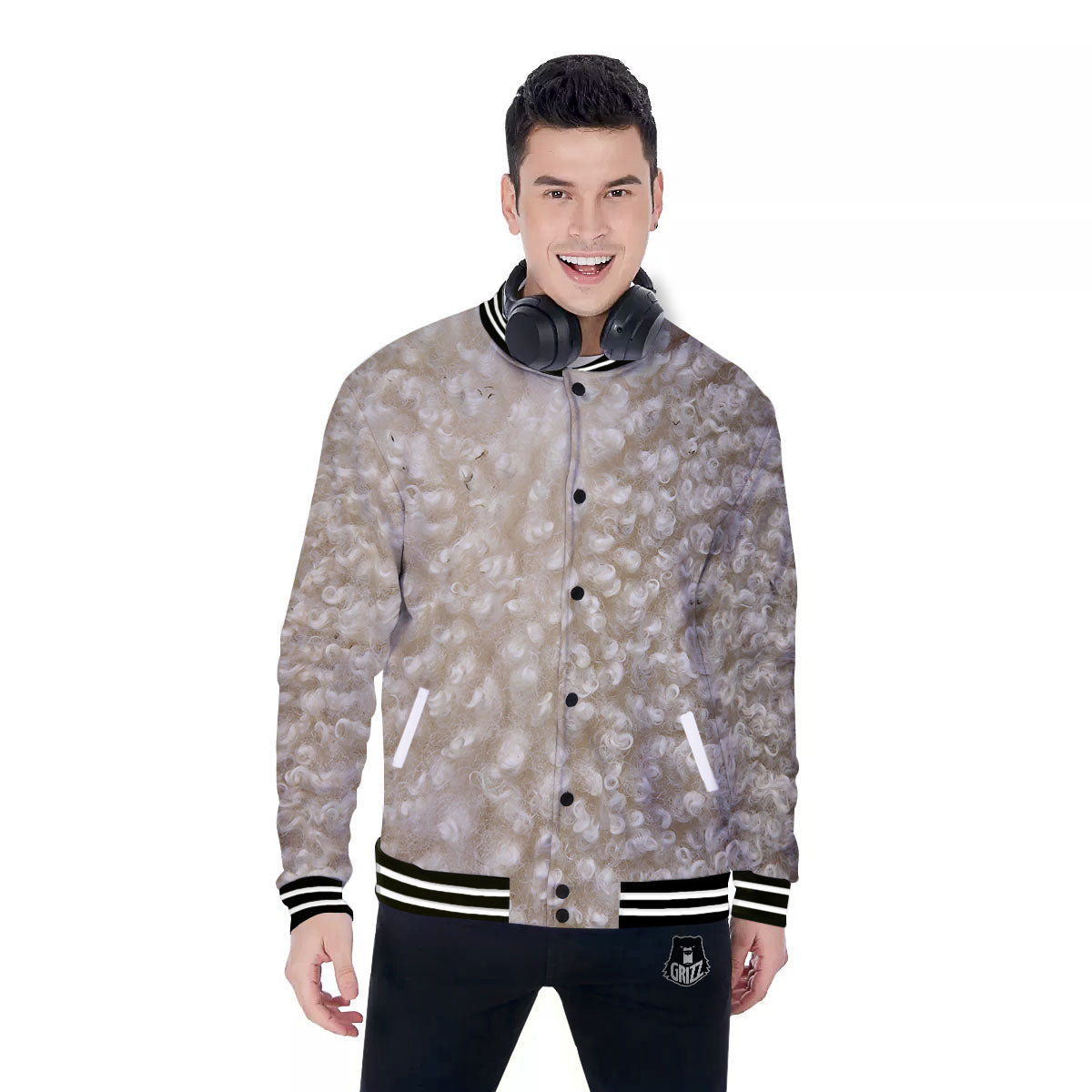 Texture Fur Sheep Print Baseball Jacket-grizzshop