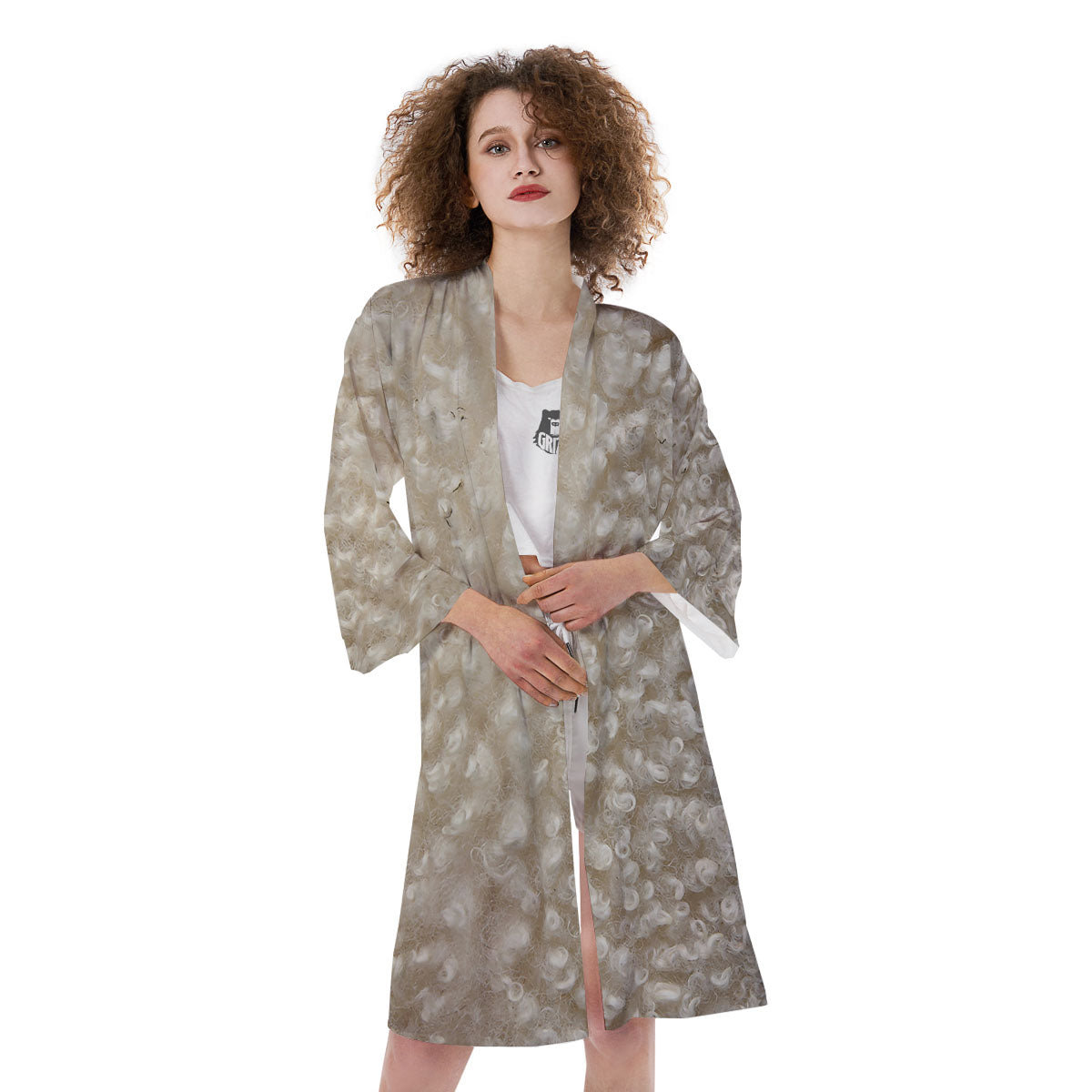 Texture Fur Sheep Print Kimono-grizzshop