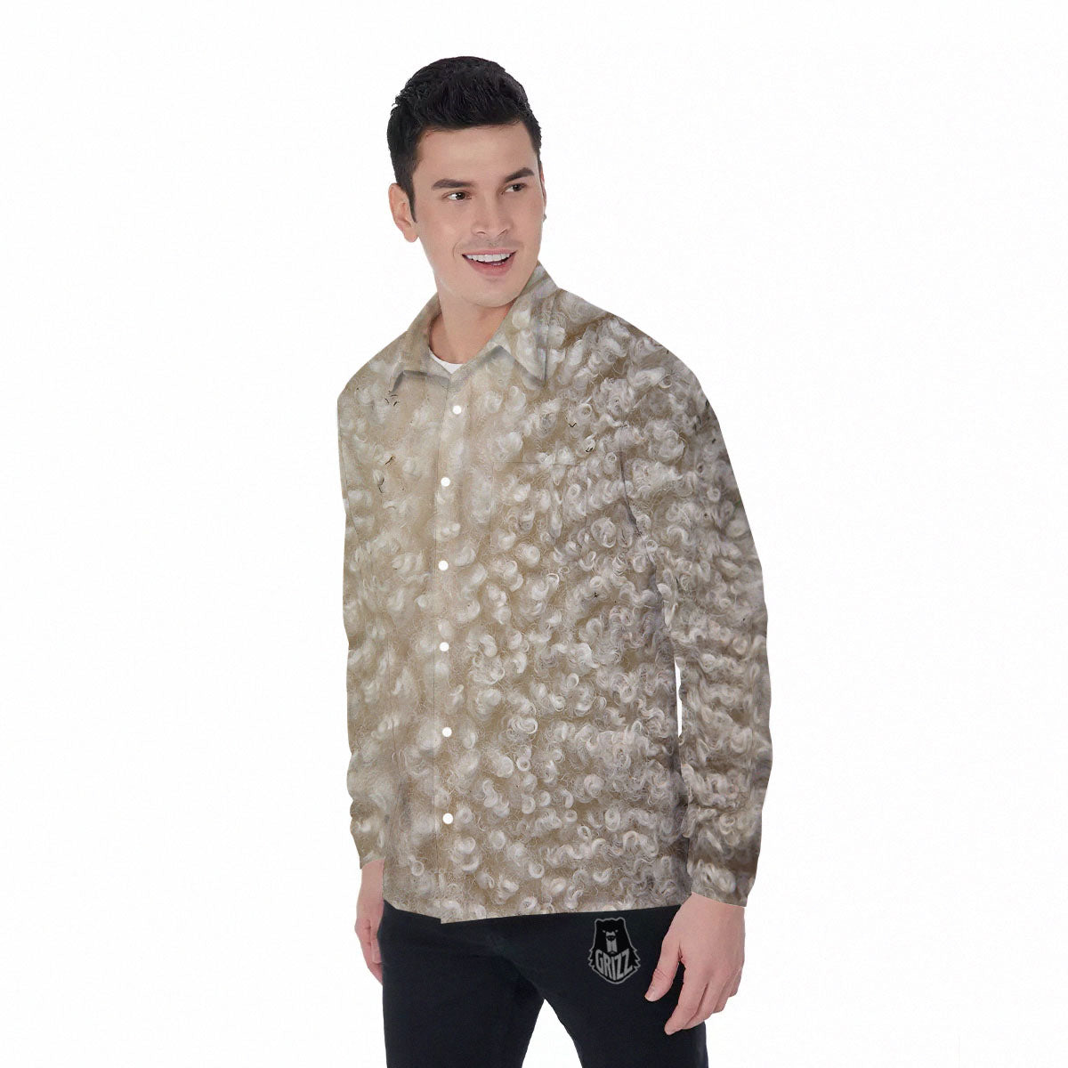 Texture Fur Sheep Print Men's Long Sleeve Shirts-grizzshop
