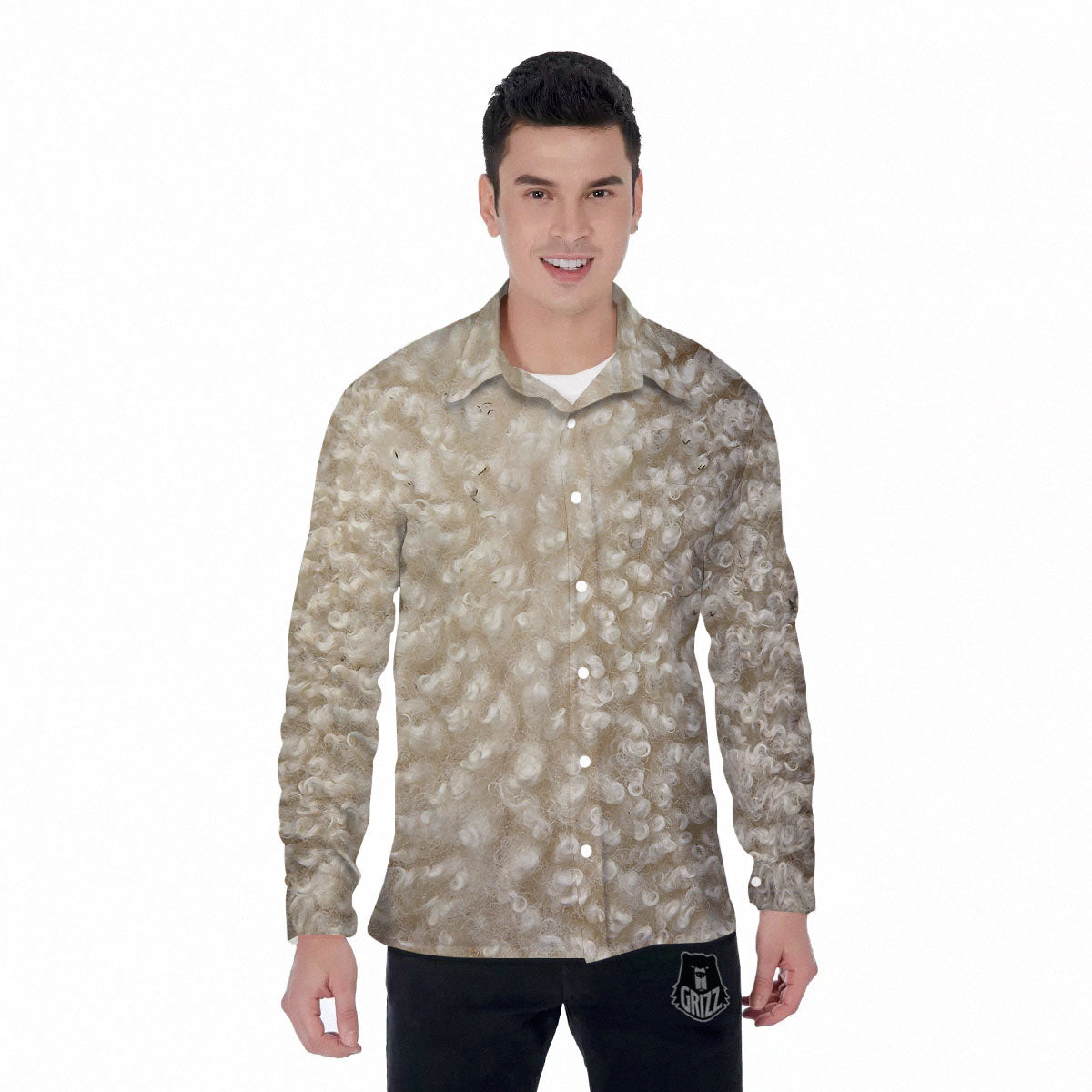 Texture Fur Sheep Print Men's Long Sleeve Shirts-grizzshop