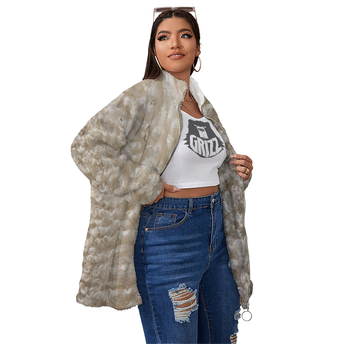 Texture Fur Sheep Print Women's Sherpa Jacket-grizzshop