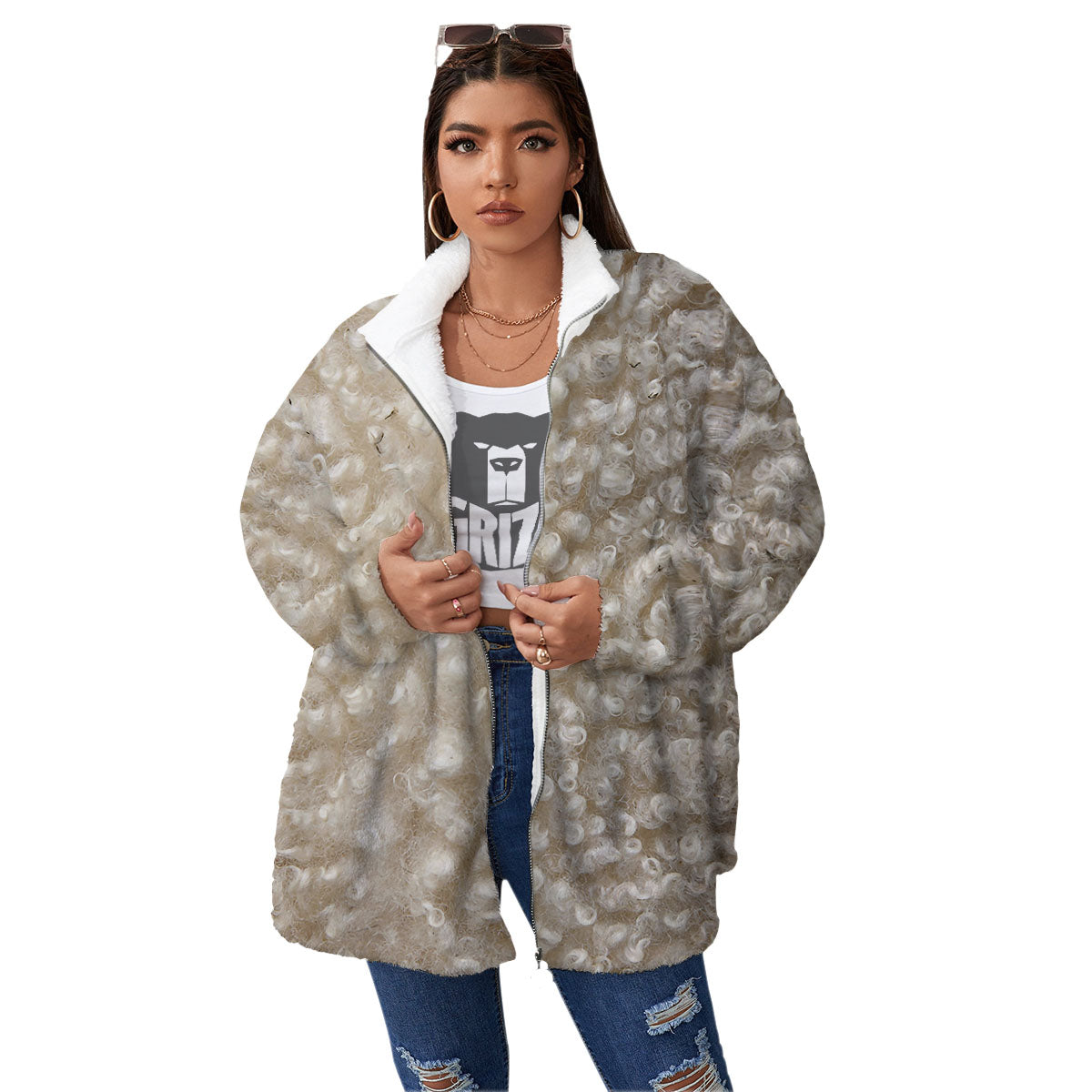 Texture Fur Sheep Print Women's Sherpa Jacket-grizzshop