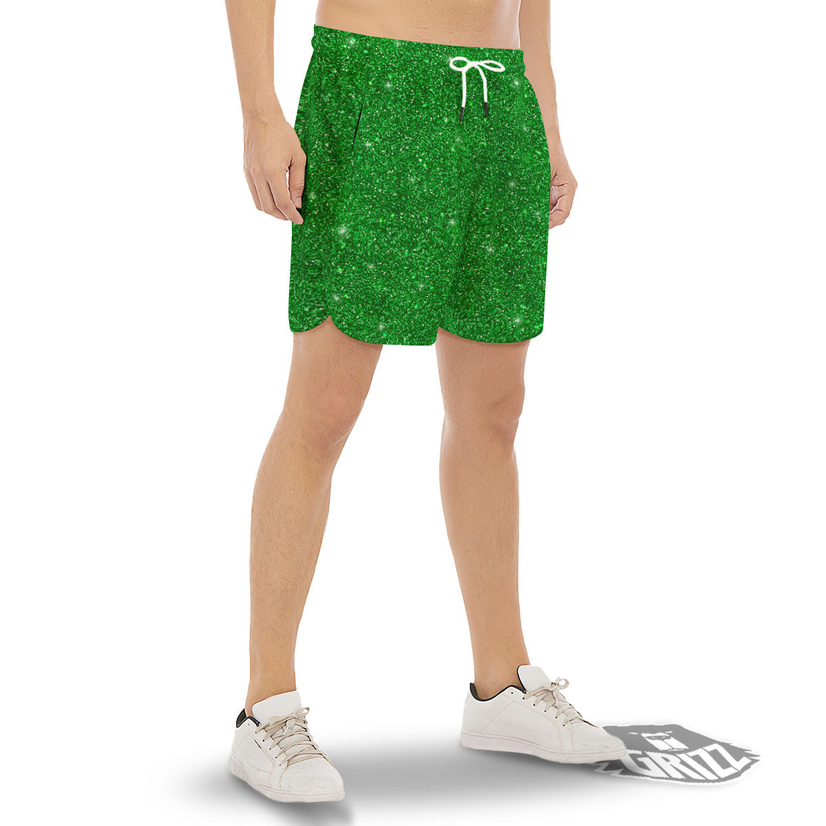 Texture Glitter Green Print Men's Gym Shorts-grizzshop