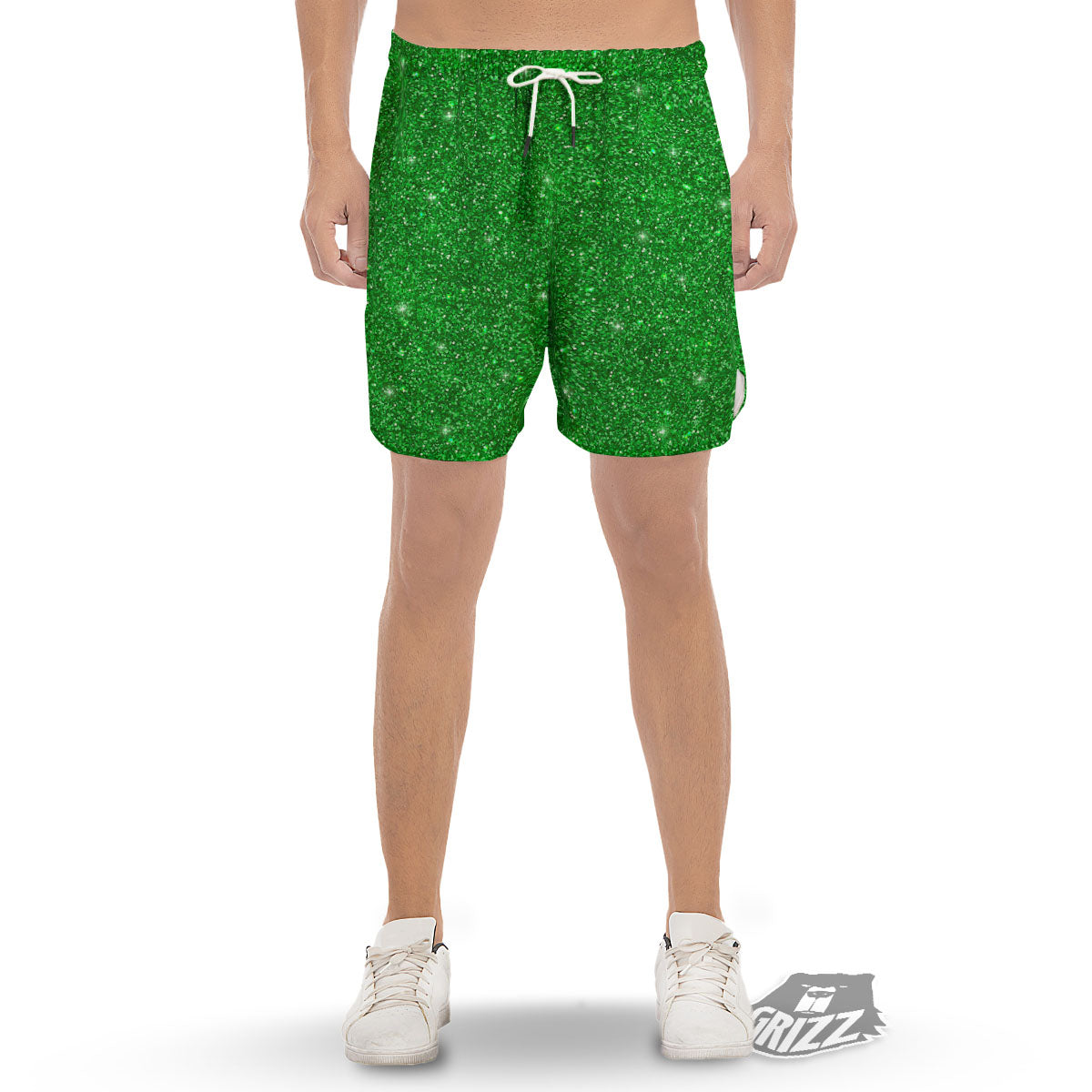 Texture Glitter Green Print Men's Gym Shorts-grizzshop