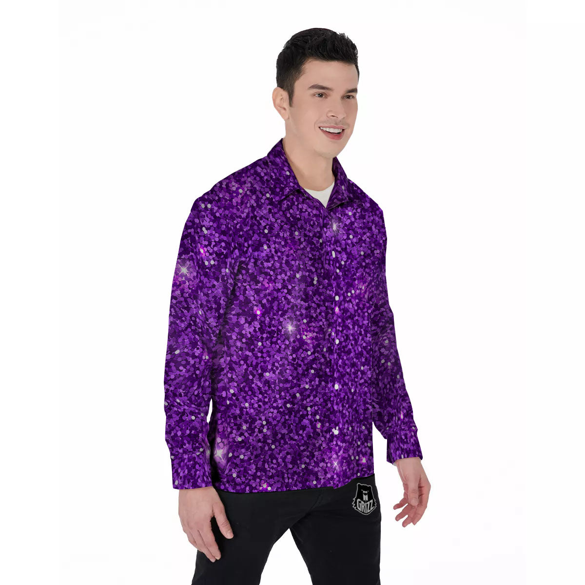 Texture Glitter Purple Print Men's Long Sleeve Shirts-grizzshop