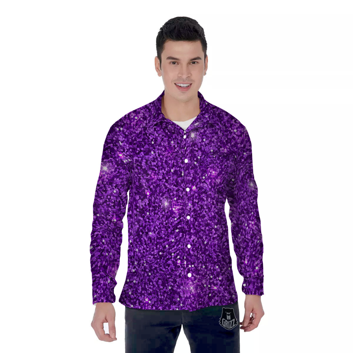 Texture Glitter Purple Print Men's Long Sleeve Shirts-grizzshop