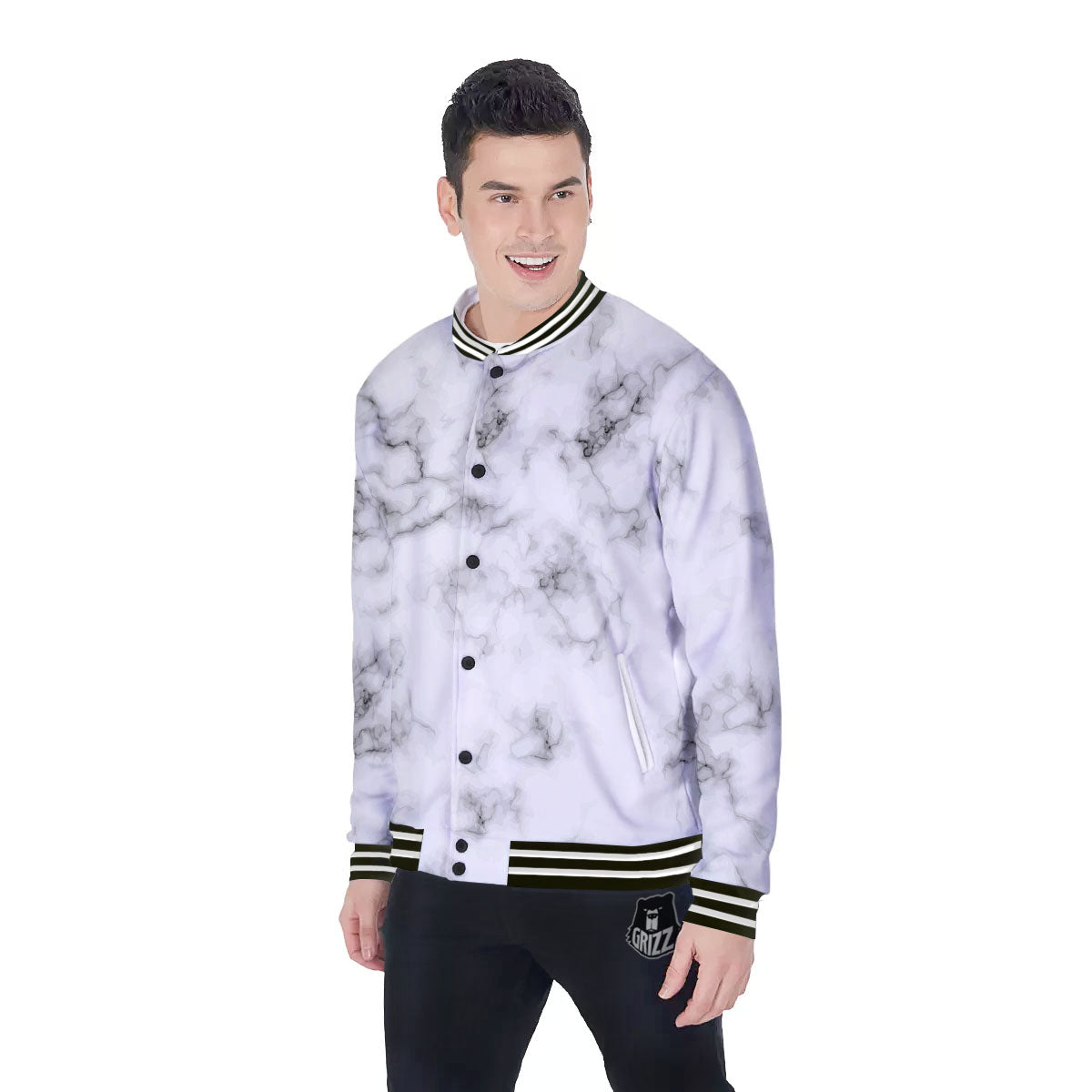 Texture Grey Marble Print Baseball Jacket-grizzshop