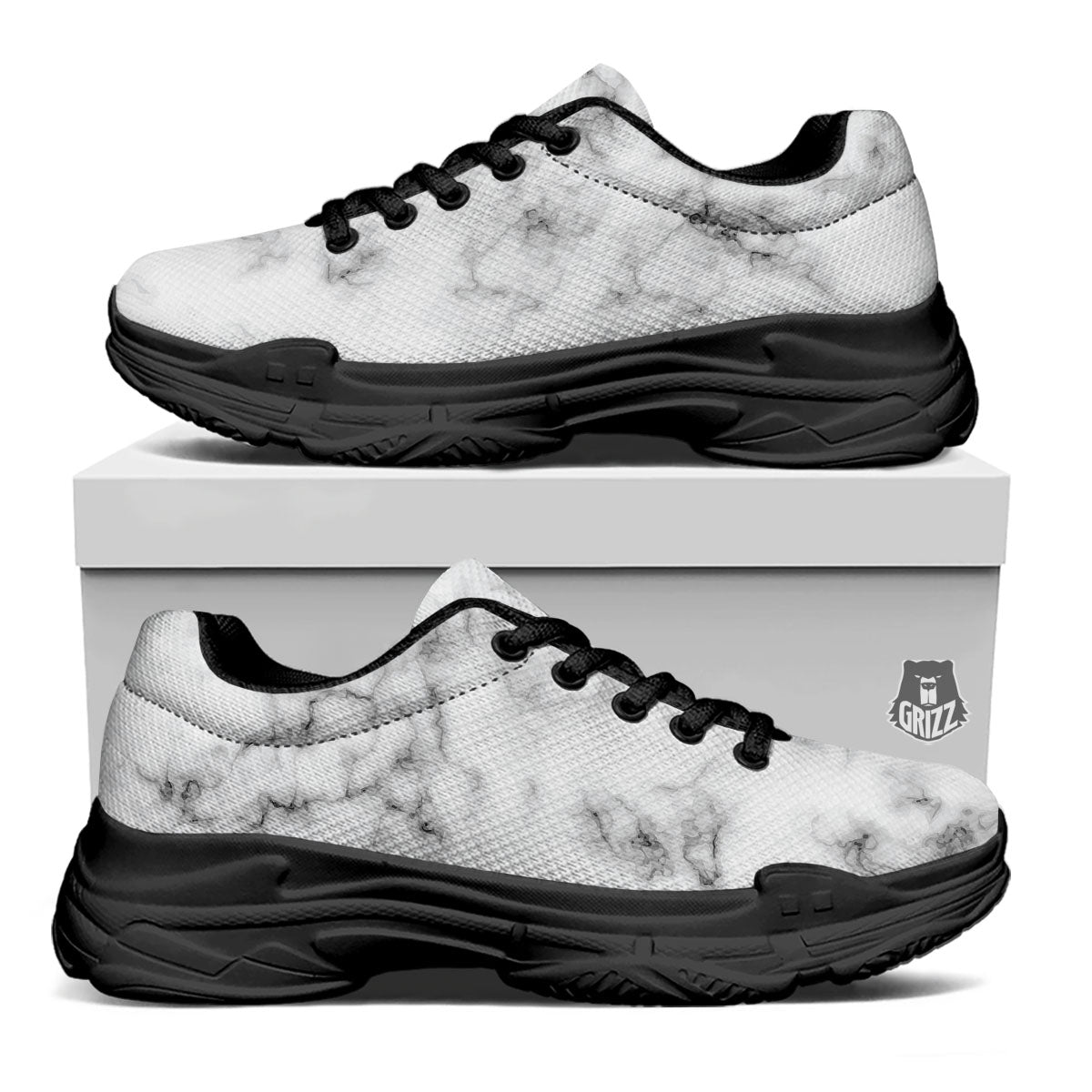 Texture Grey Marble Print Black Chunky Shoes-grizzshop