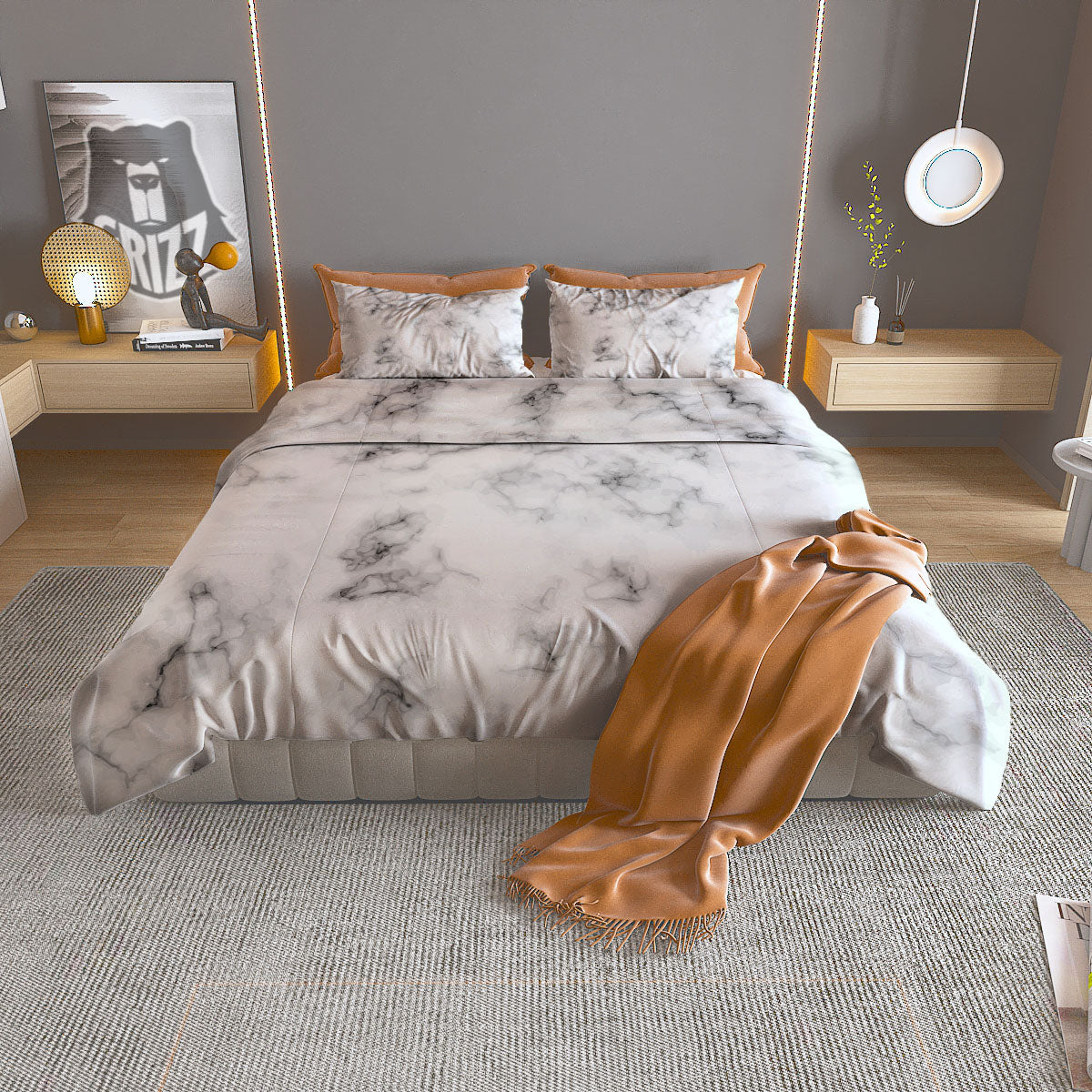 Texture Grey Marble Print Duvet Cover Bedding Set