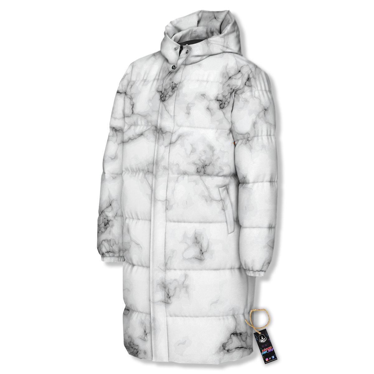 Texture Grey Marble Print Long Down Jacket-grizzshop
