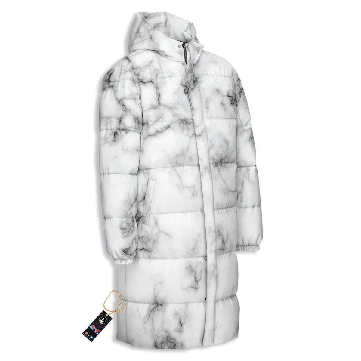Texture Grey Marble Print Long Down Jacket-grizzshop