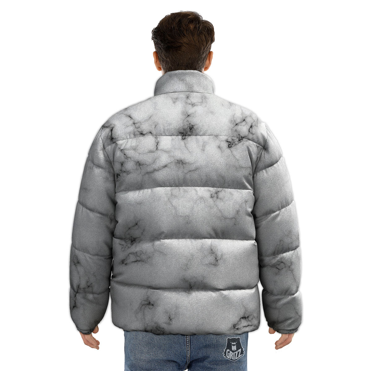 Texture Grey Marble Print Puffer Jacket-grizzshop