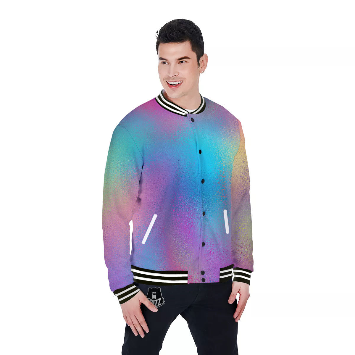 Texture Holographic Print Baseball Jacket-grizzshop