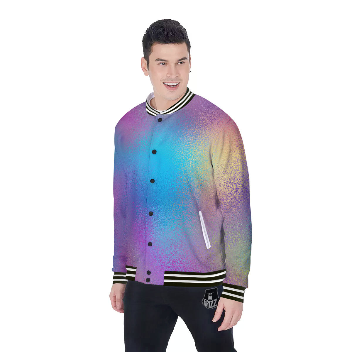 Texture Holographic Print Baseball Jacket-grizzshop
