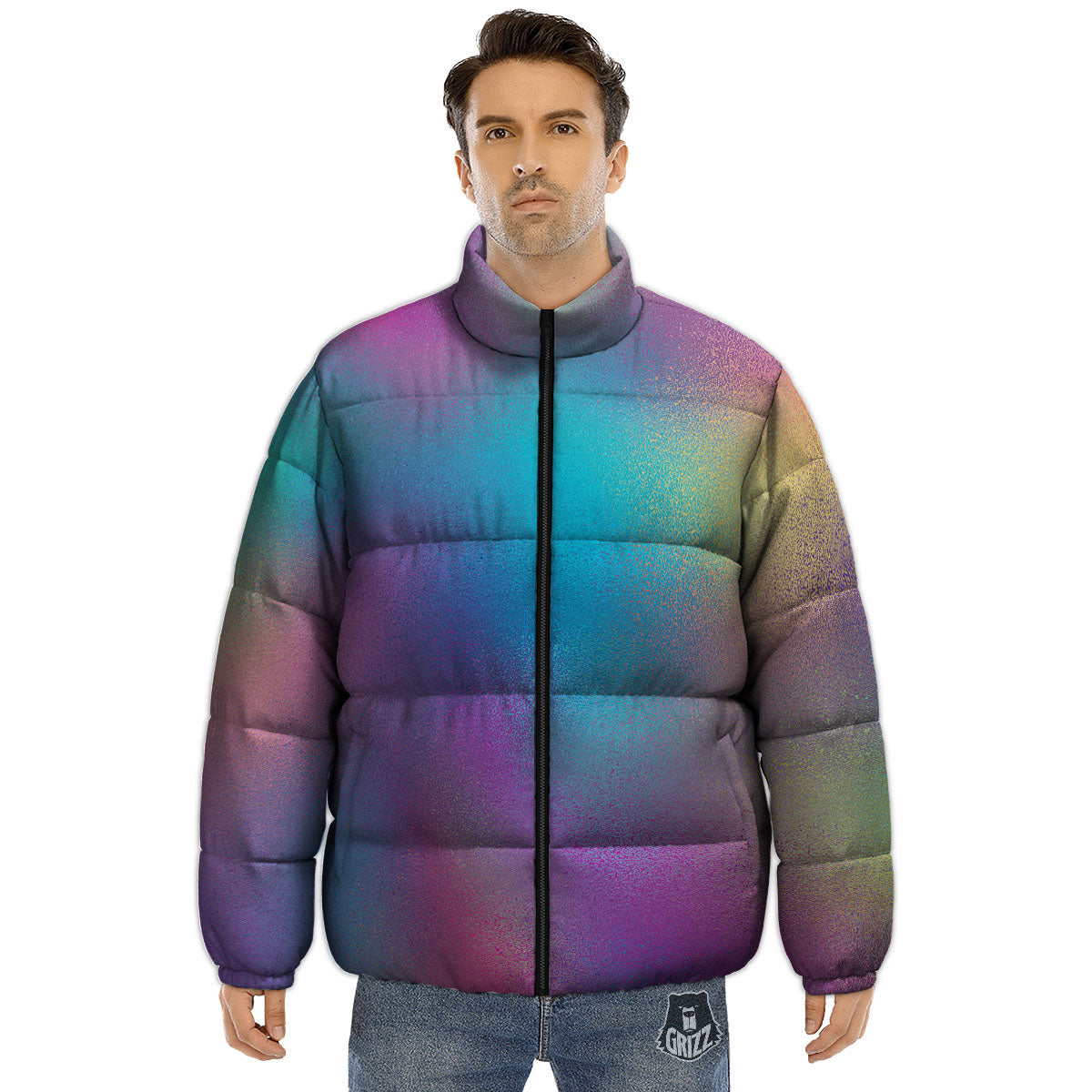 Texture Holographic Print Puffer Jacket-grizzshop
