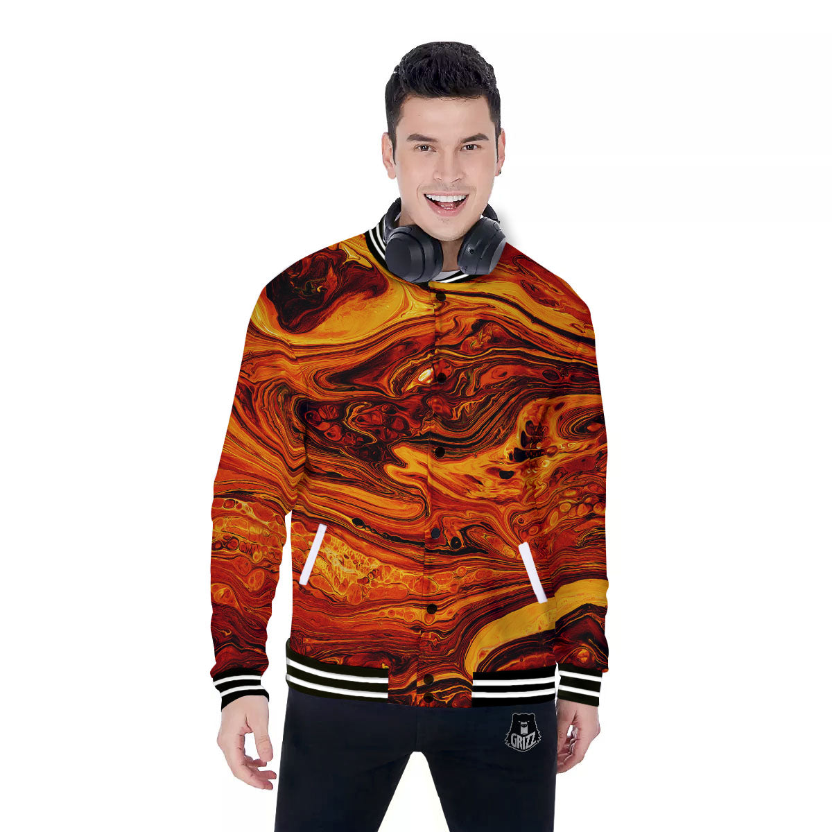 Texture Lava Print Baseball Jacket-grizzshop