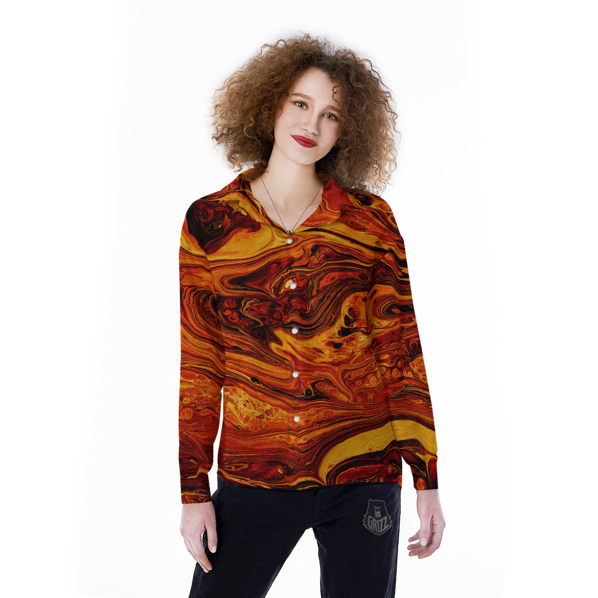 Texture Lava Print Women's Long Sleeve Shirts-grizzshop