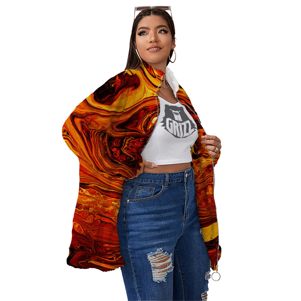 Texture Lava Print Women's Sherpa Jacket-grizzshop