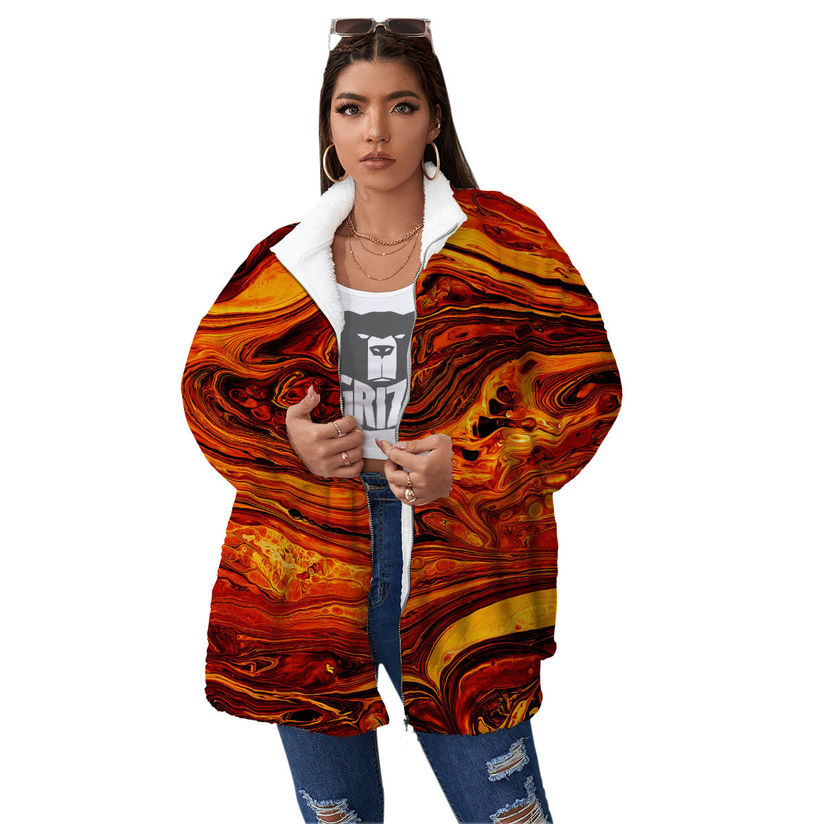 Texture Lava Print Women's Sherpa Jacket-grizzshop