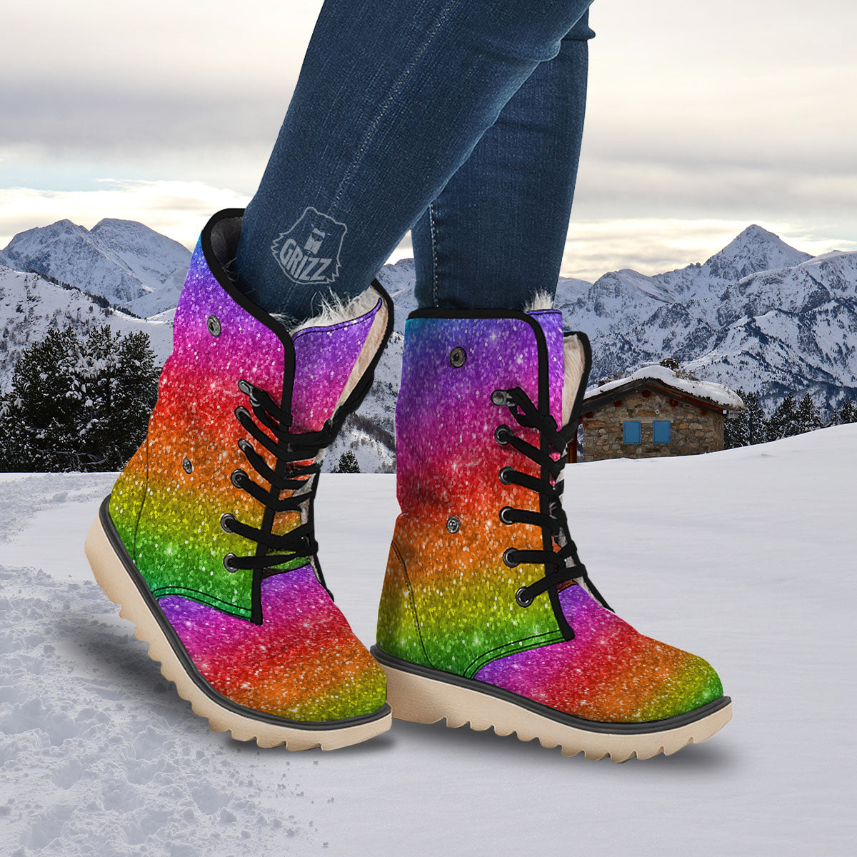 Texture Rainbow Glitter Print Snow Boots-grizzshop