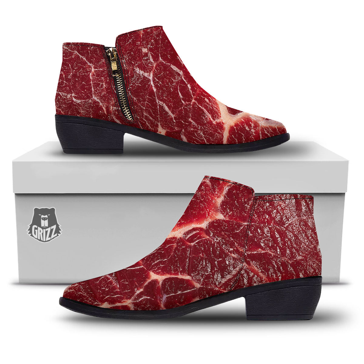 Texture Red Meat Print Ankle Boots-grizzshop