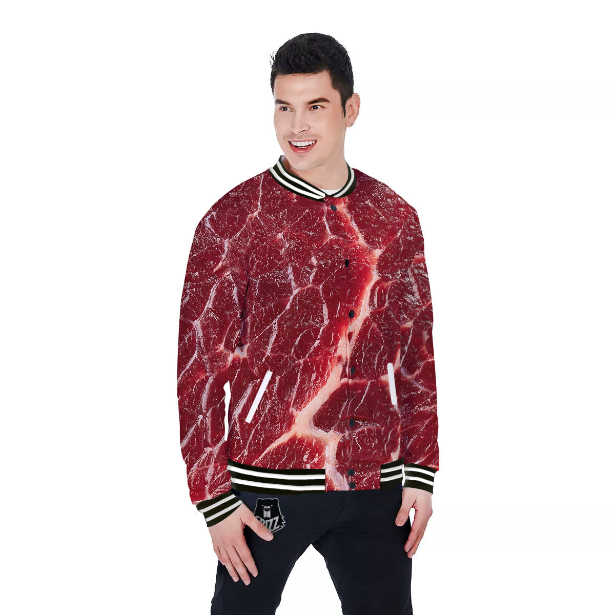 Texture Red Meat Print Baseball Jacket-grizzshop
