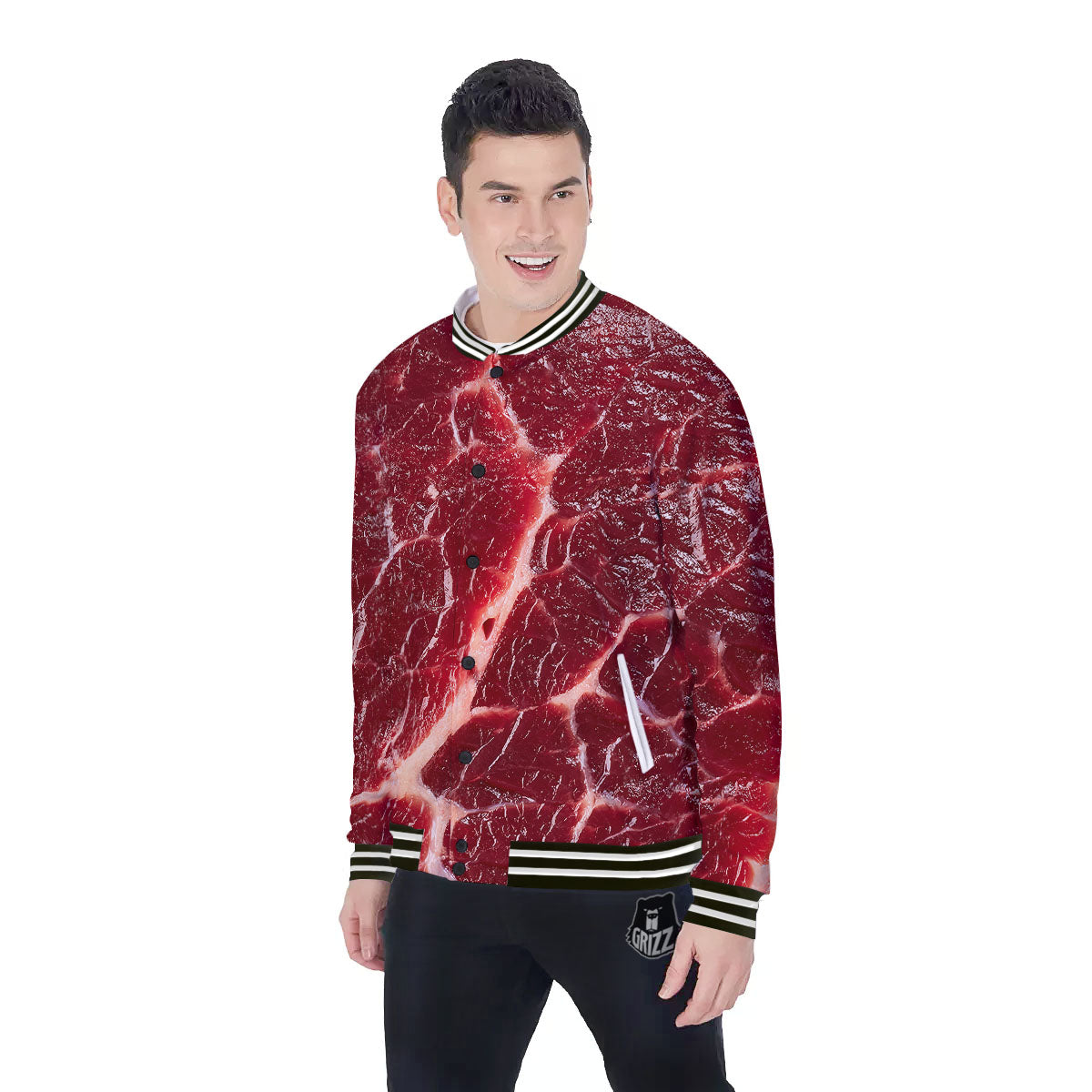 Texture Red Meat Print Baseball Jacket-grizzshop
