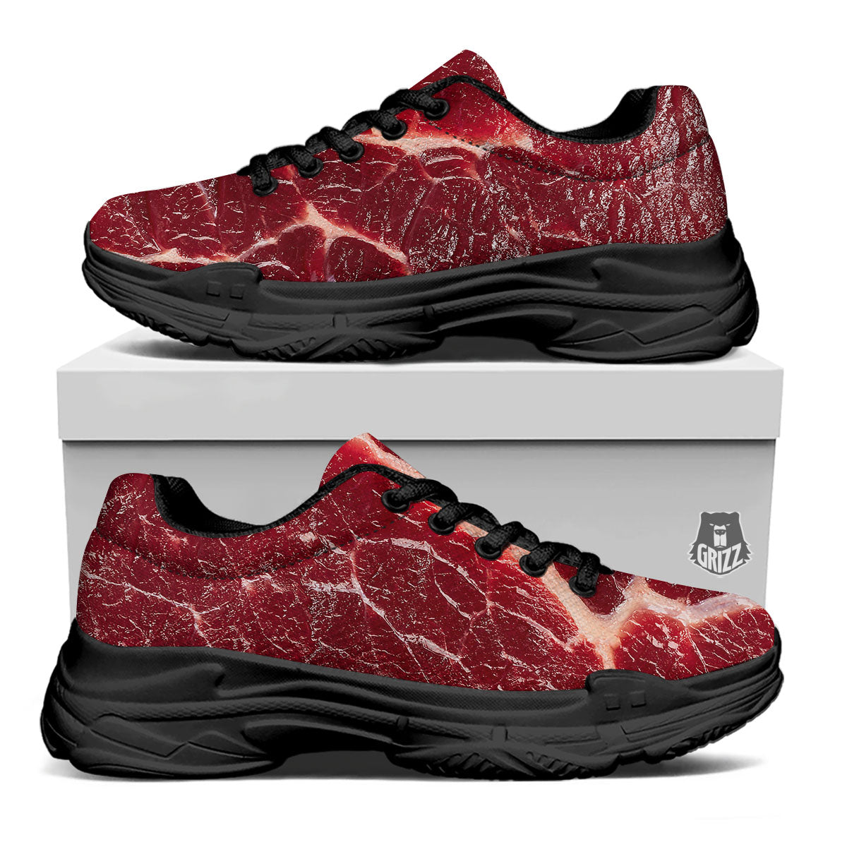 Texture Red Meat Print Black Chunky Shoes-grizzshop