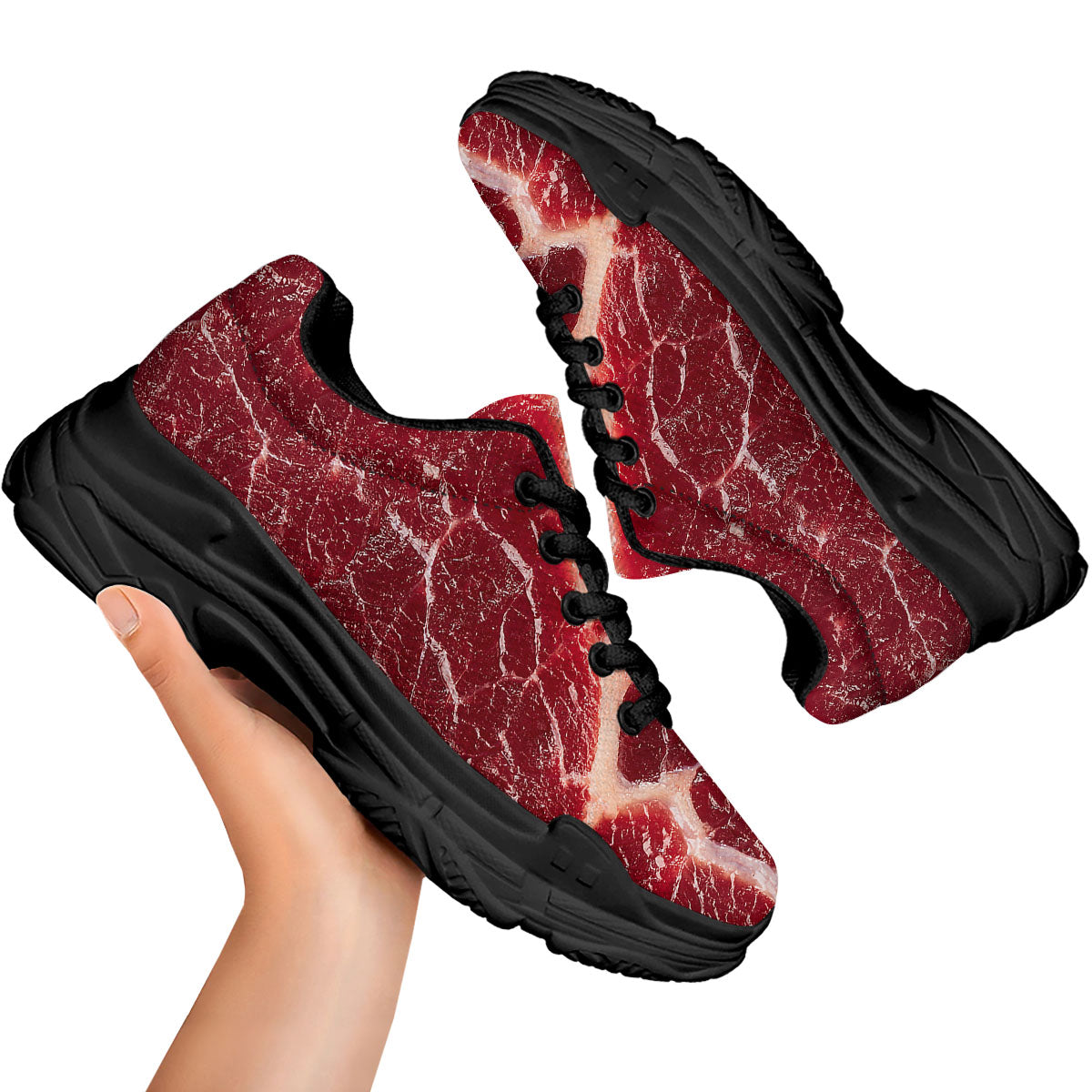 Texture Red Meat Print Black Chunky Shoes-grizzshop