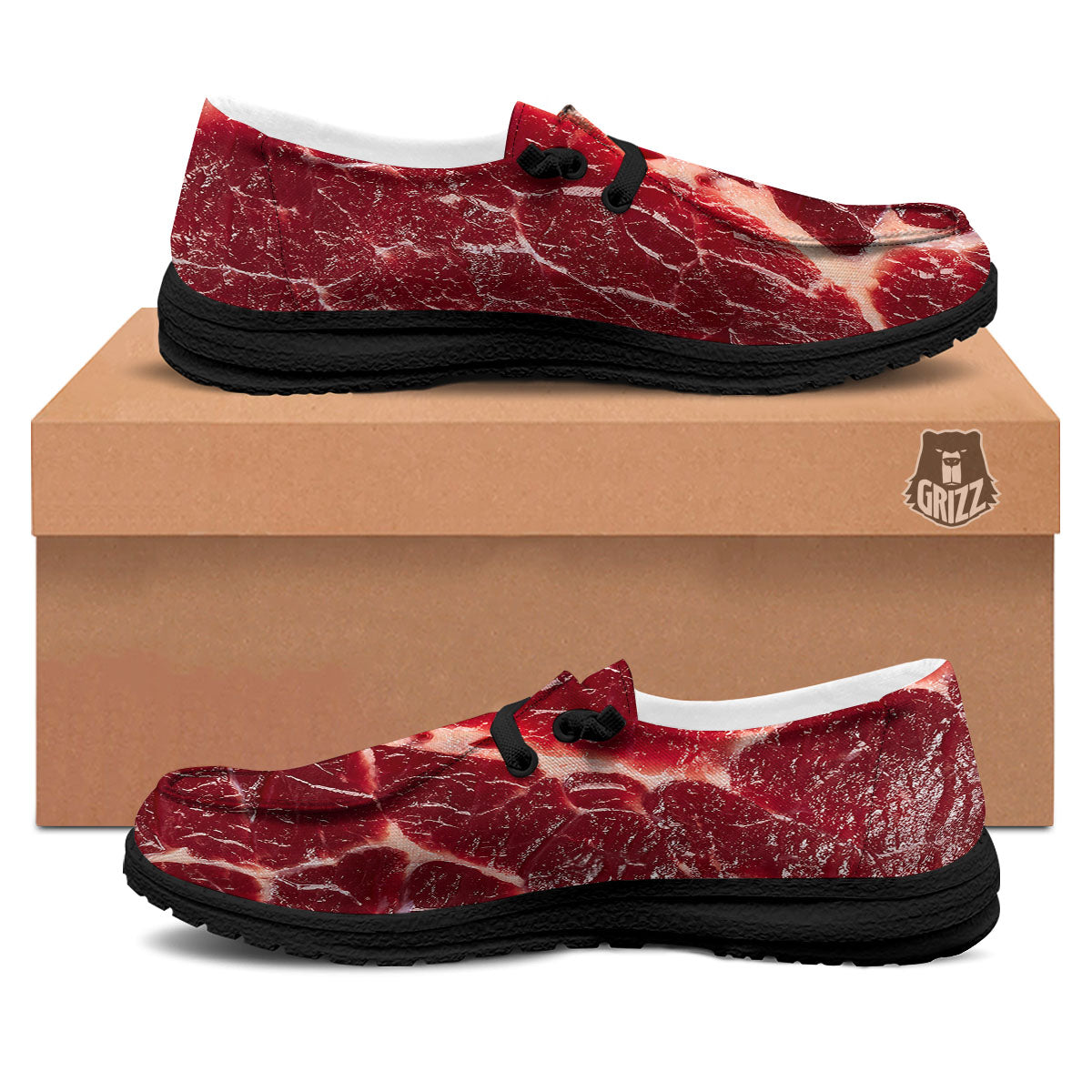 Texture Red Meat Print Black Loafers-grizzshop