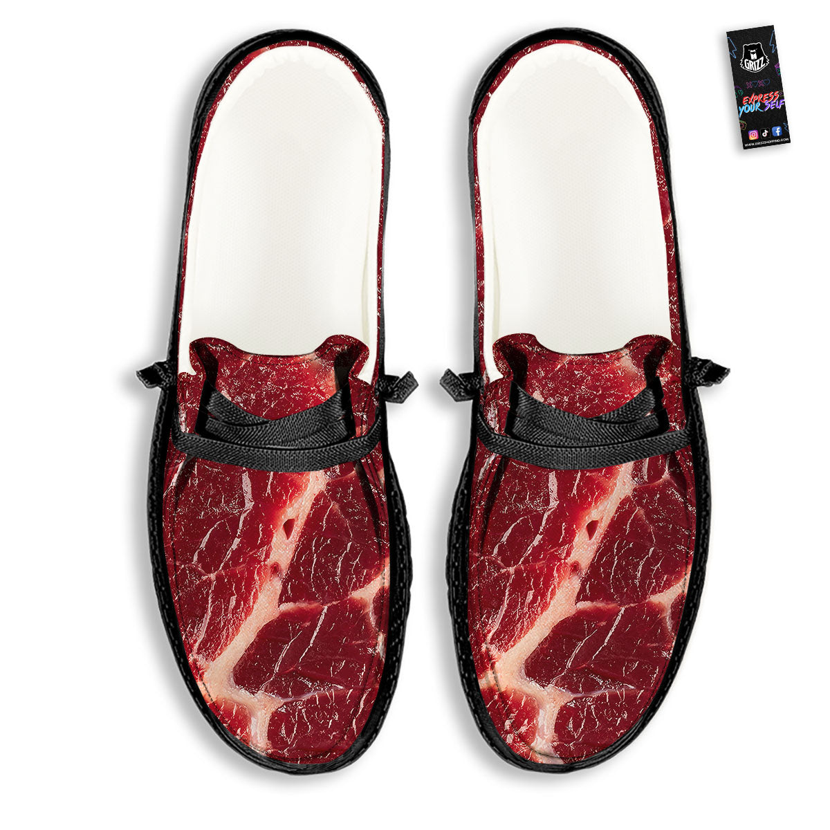 Texture Red Meat Print Black Loafers-grizzshop