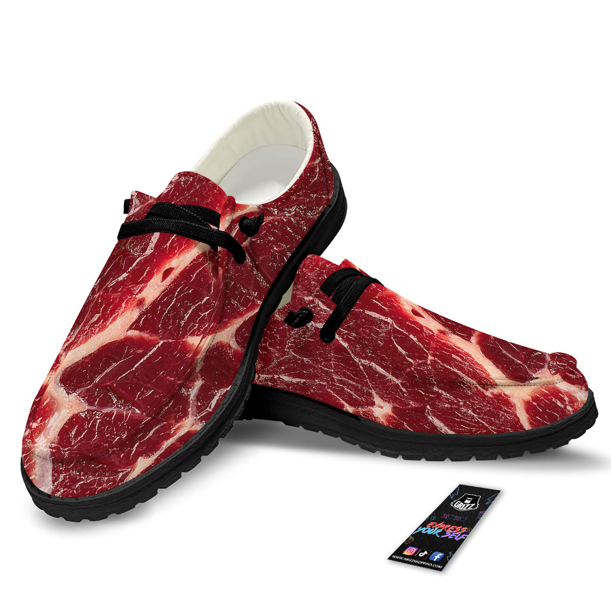 Texture Red Meat Print Black Loafers-grizzshop