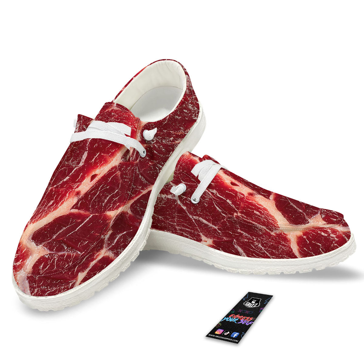 Texture Red Meat Print Black Loafers-grizzshop