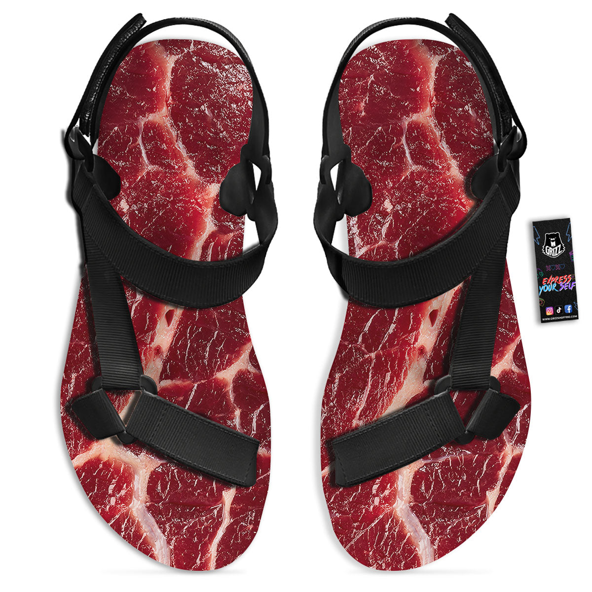 Texture Red Meat Print Black Open Toe Sandals-grizzshop